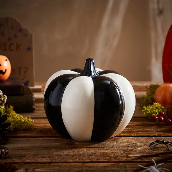 Striped Pumpkin Decoration - Black/White, Stoneware image