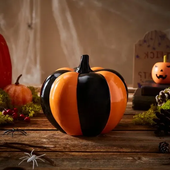 Striped Pumpkin Decoration - Orange, Stoneware