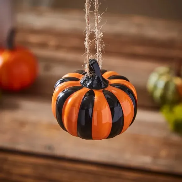 Striped Pumpkin Hanging Decoration - Orange, Ceramic
