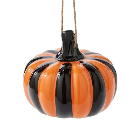 Striped Pumpkin Hanging Decoration - Orange, Ceramic