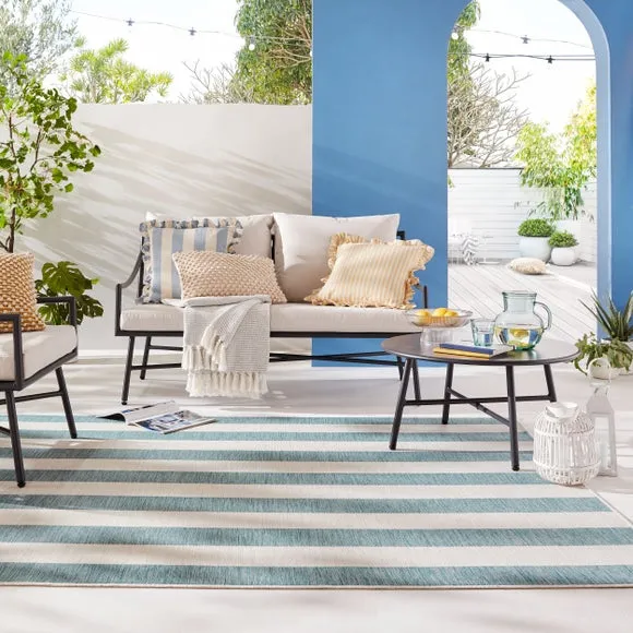 Striped Reversible Rug - Blue & Yellow