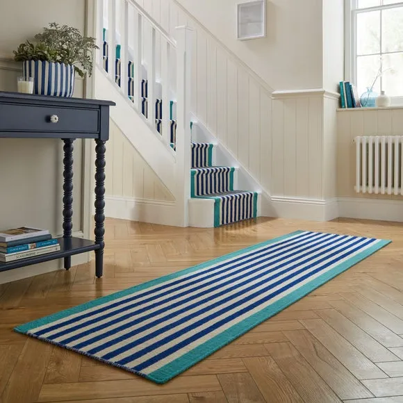 Striped Runner Rug Handmade - Blue, Wool image