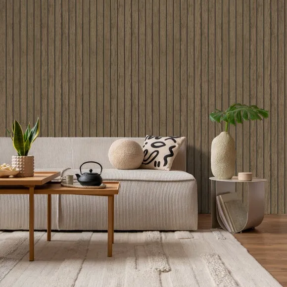 Striped Slat Panel Wallpaper - Walnut