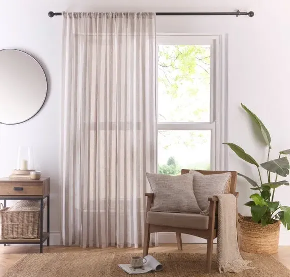 Striped Slot Top Voile Panel - Natural, Polyester