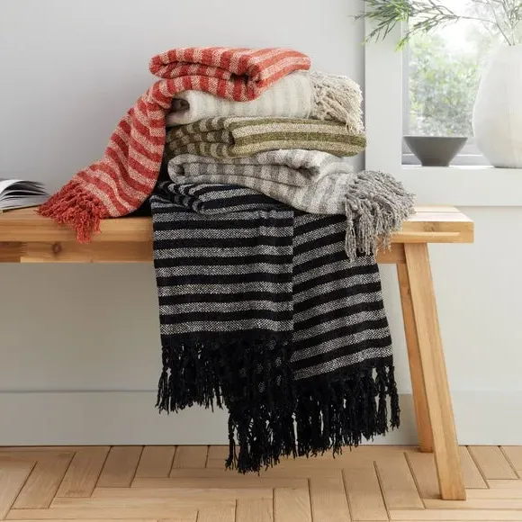 Striped Throw Blanket with Tassels - Terracotta