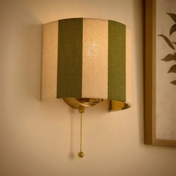Striped Wall Light with Pull Cord - Green, Fabric