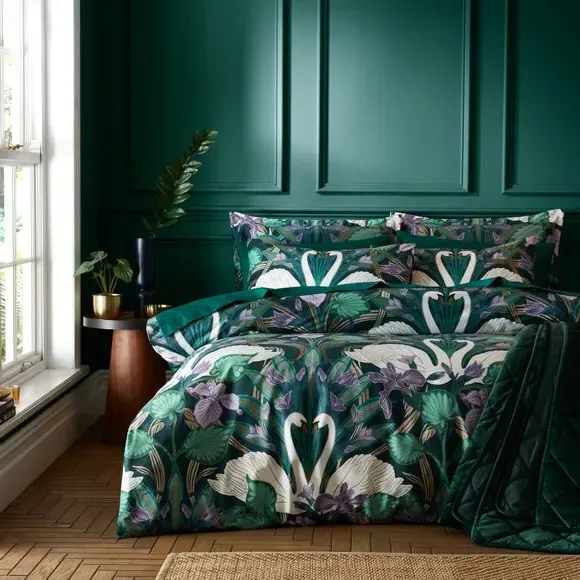 Swan Duvet Cover Set - Green, Velour