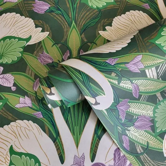 Swan Wallpaper Art Deco Style - Multicolor
