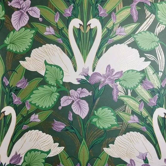 Swan Wallpaper Art Deco Style - Multicolor
