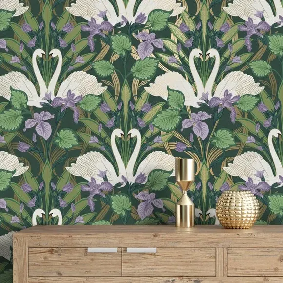 Swan Wallpaper Art Deco Style - Multicolor