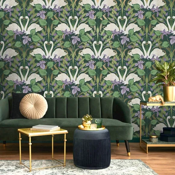 Swan Wallpaper Art Deco Style - Multicolor image