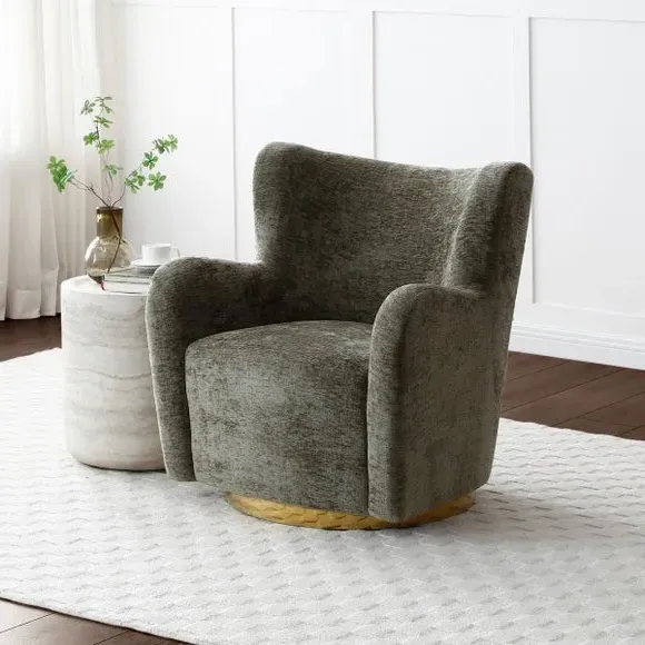 Swivel Armchair with Metal Base - Olive, Chenille image