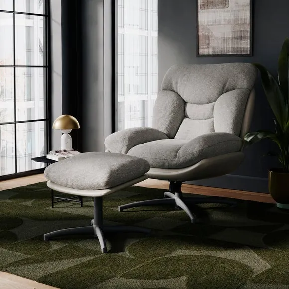 Swivel Chair with Footstool - Grey, Chenille