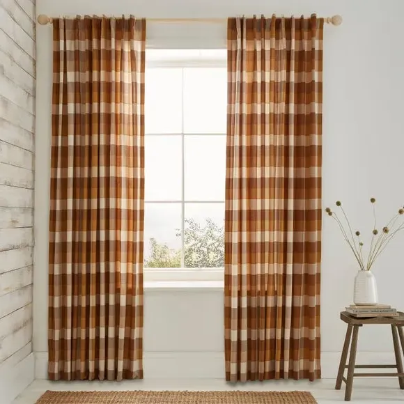 Tab Top Curtains Woven Check - Caramel, Cotton