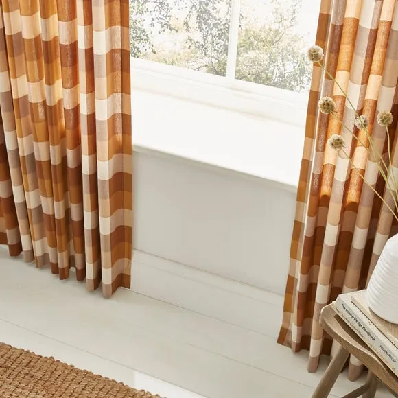 Tab Top Curtains Woven Check - Caramel, Cotton