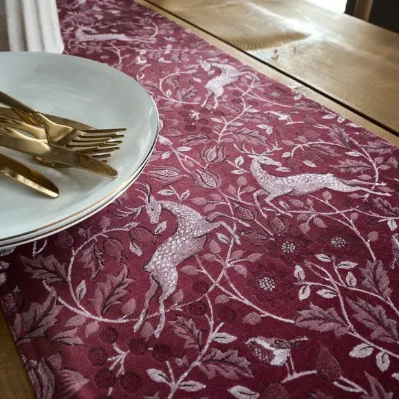 Table Runner Winter Forest - Burgundy, Cotton