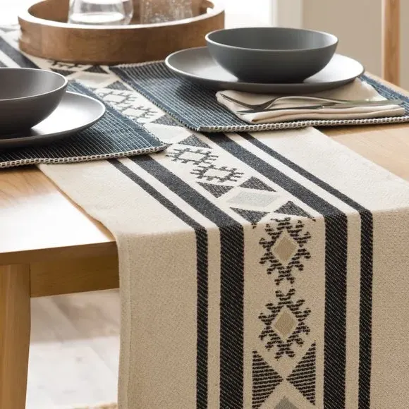 Table Runner with Jacquard Design - Cream, Cotton