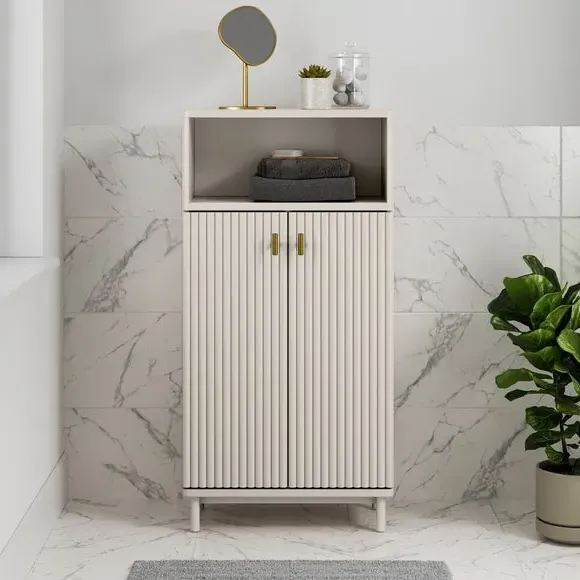 Tall Bathroom Cabinet with Soft Close - Stone, Wood