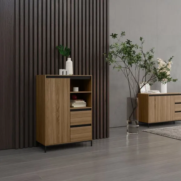 Tall Highboard with Drawers - Oak Effect, Wood