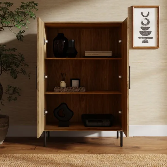 Tall Sideboard with Rattan Design - Oak, Wood