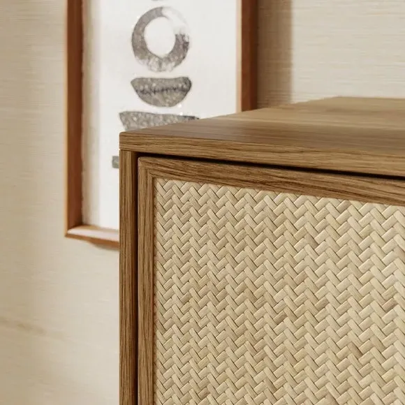 Tall Sideboard with Rattan Design - Oak, Wood