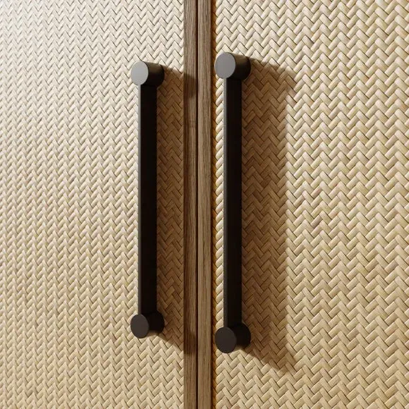 Tall Sideboard with Rattan Design - Oak, Wood