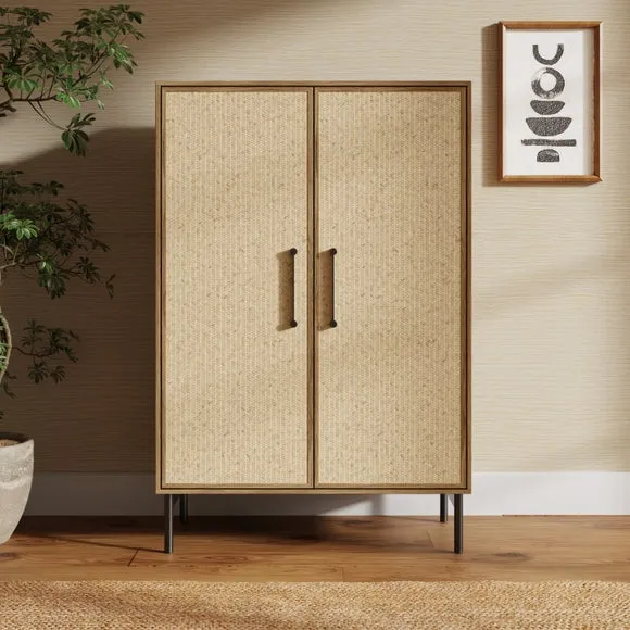Tall Sideboard with Rattan Design - Oak, Wood image