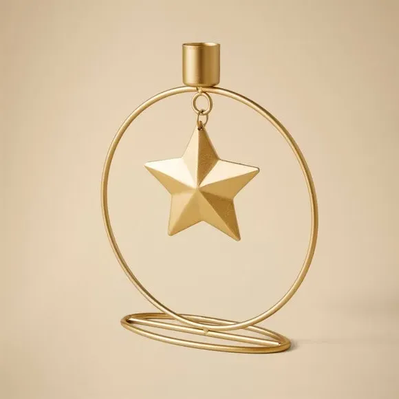 Taper Candle Holder with Star Detail - Gold, Metal