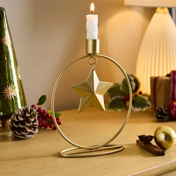 Taper Candle Holder with Star Detail - Gold, Metal image