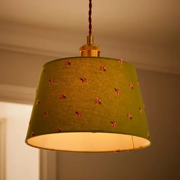 Tapered Lamp Shade with Embroidery - Green