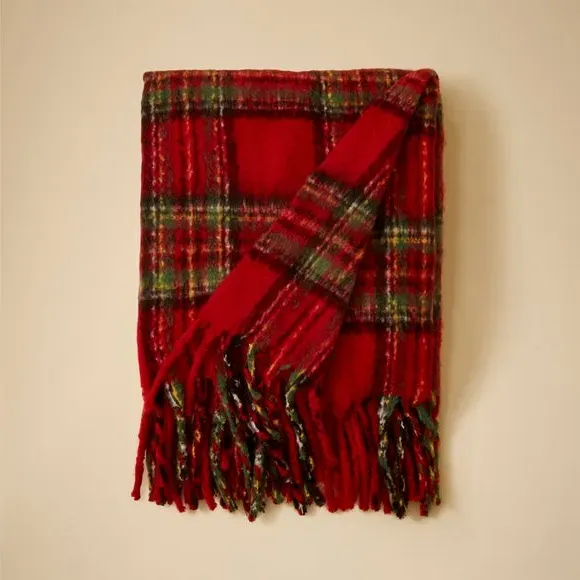 Tartan Throw Blanket with Tassels - Red, Mohair