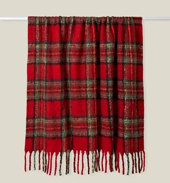 Tartan Throw Blanket with Tassels - Red, Mohair
