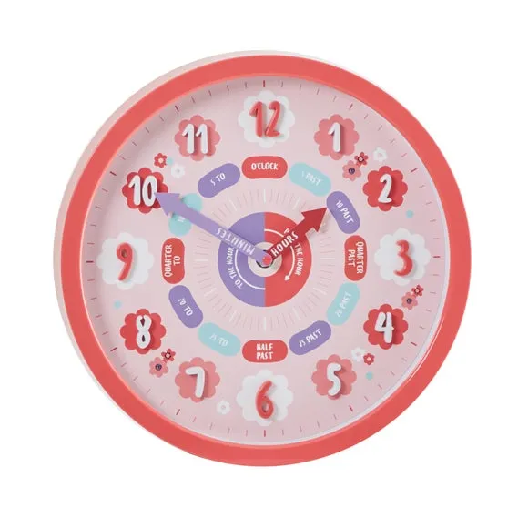 Tell The Time Wall Clock - Pink, Plastic