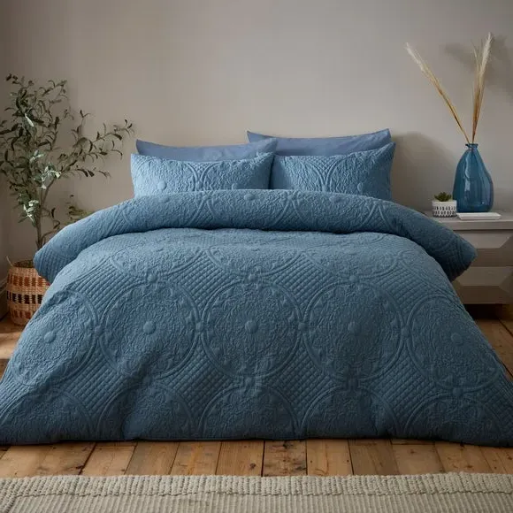 Textured Duvet Cover Set with Pillowcase - Pacific Blue