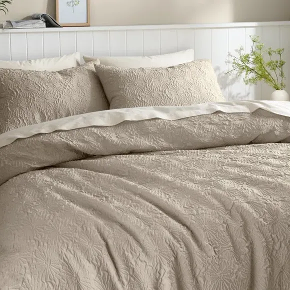 Textured Floral Duvet Cover Set - Natural, Microfibre