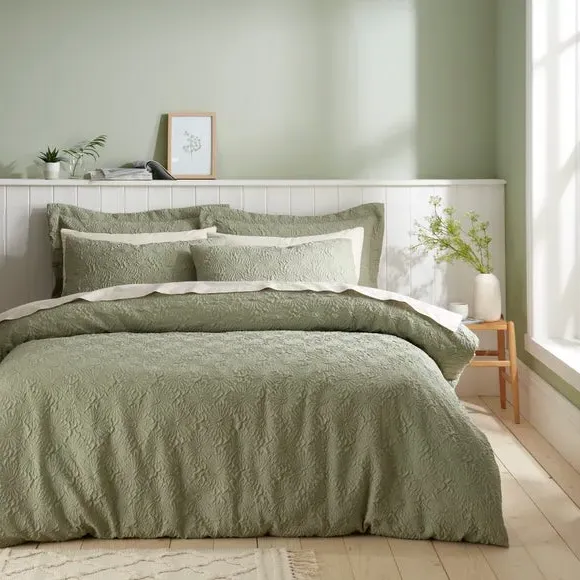 Textured Floral Duvet Cover Set - Sage, Microfibre