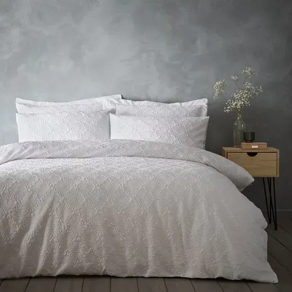 Textured Floral Duvet Cover Set - White, Microfibre