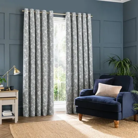 Thermal Eyelet Curtains Floral Pattern - Denim