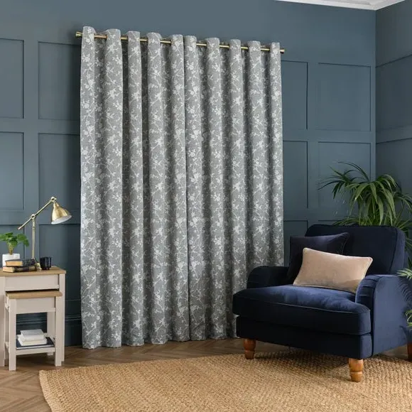 Thermal Eyelet Curtains Floral Pattern - Denim
