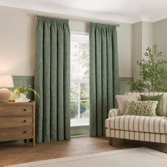 Thermal Pencil Pleat Curtains - Bottle Green, Twill