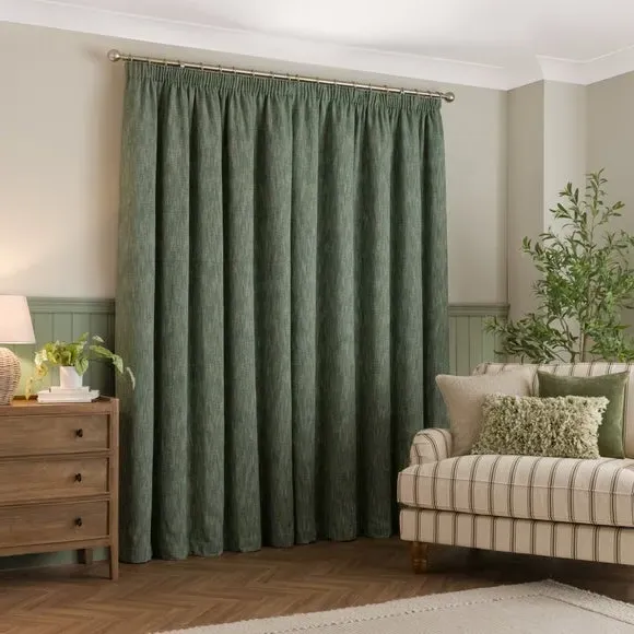Thermal Pencil Pleat Curtains - Bottle Green, Twill
