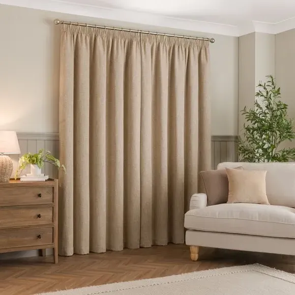Thermal Pencil Pleat Curtains - Dark Sand, Twill