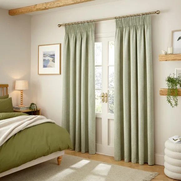 Thermal Pencil Pleat Curtains - Sage, Chenille