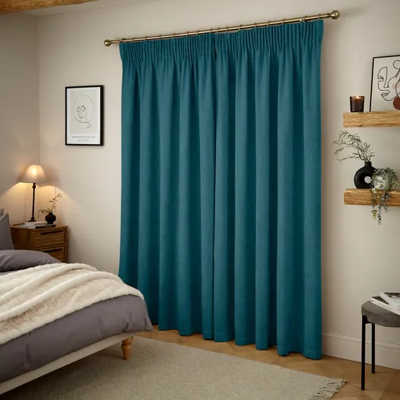 Thermal Pencil Pleat Curtains - Teal, Chenille