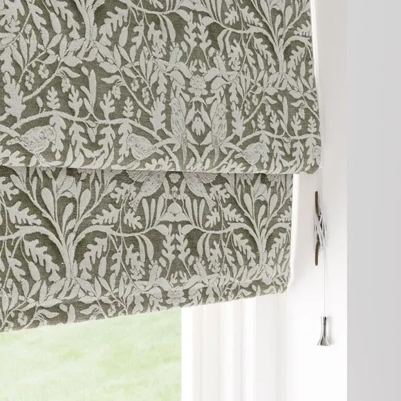 Thermal Roman Blind with Bird Design - Olive, Chenille