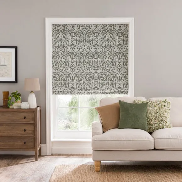 Thermal Roman Blind with Bird Design - Olive, Chenille