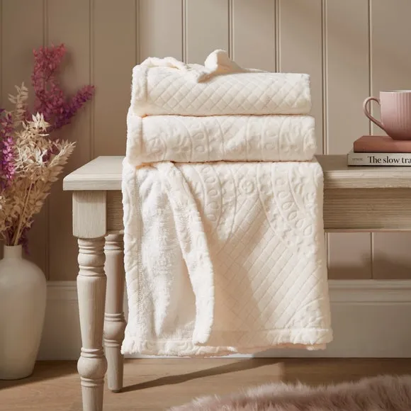 Throw Blanket with Mandala Pattern - Ivory, Fleece