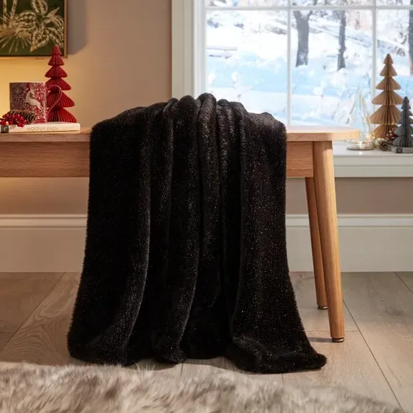 Throw Blanket with Metallic Yarn - Black, Faux Fur image