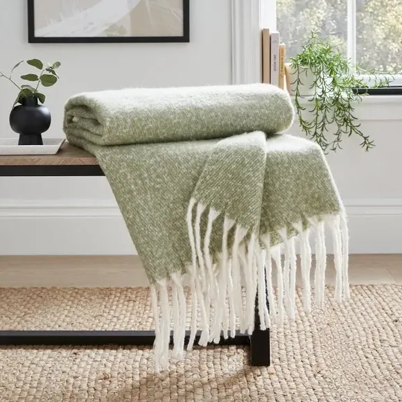 Throw Blanket with Tassels - Green, Faux Mohair image