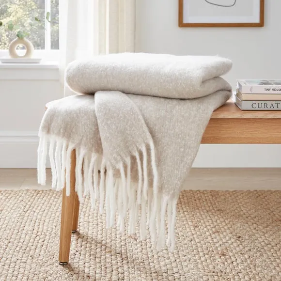 Throw Blanket with Tassels - Natural, Faux Mohair